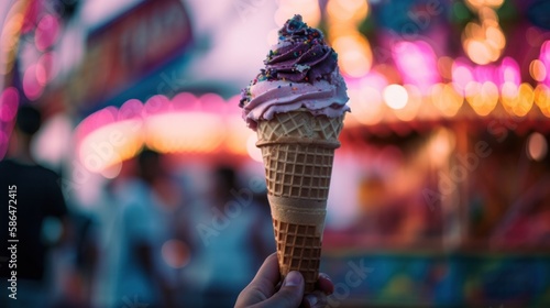 Hand holding a cone of soft ice cream with bokeh background at carnival. Generative AI.