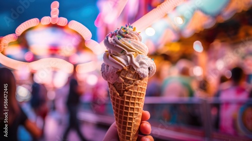 Hand holding a cone of soft ice cream with bokeh background at carnival. Generative AI.