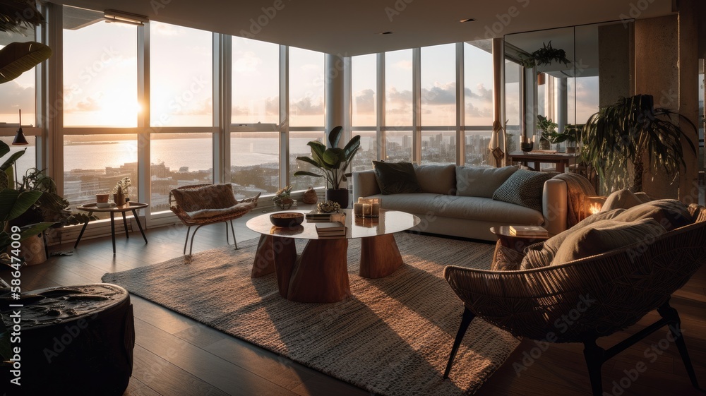 custom made wallpaper toronto digitalModern living room interior, windows overlooking the Sea at sunset. Showcase the elegant design, comfortable seating, and stylish decor. Generative AI Technology 