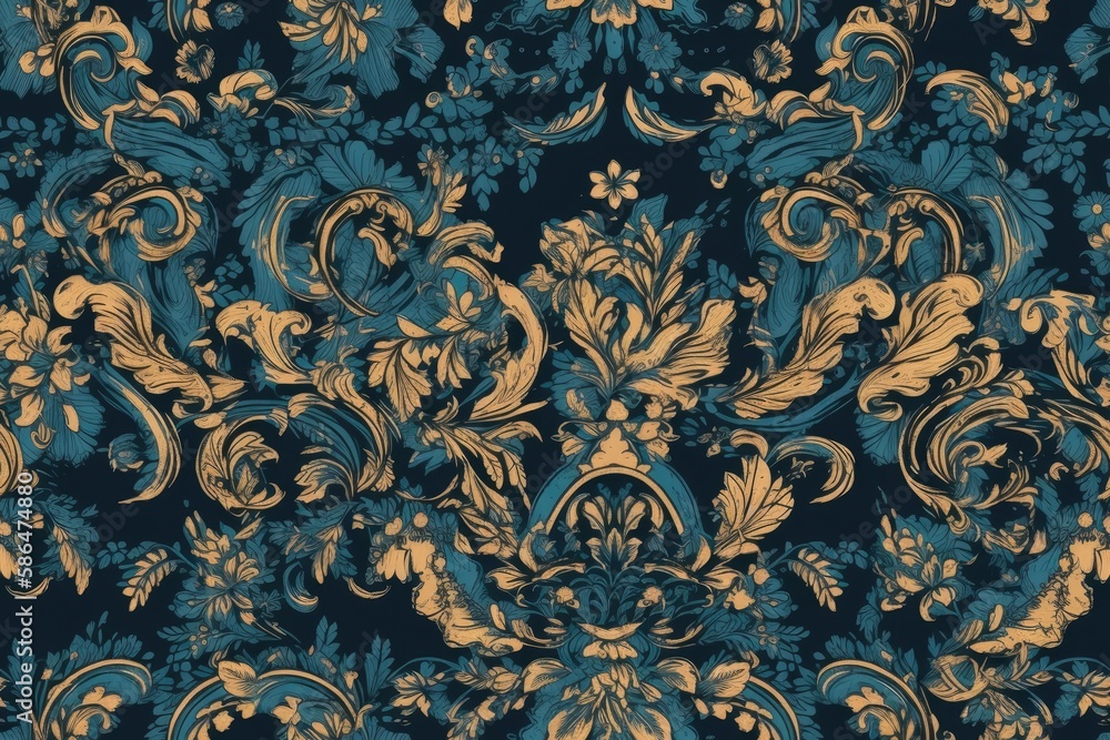 blue and gold floral wallpaper pattern. Generative AI