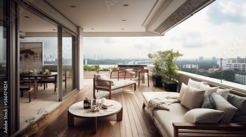 interior design concept condominium penthouse living area with wooden balcony and stunning view of city garden beautiful sky, image ai generate