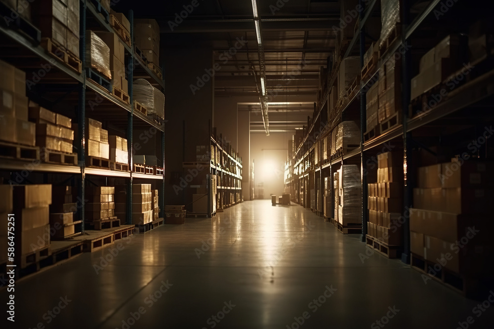 Stock Organization in Warehouses: One-section View of Stacked Boxes Arranged by Forklift - AI Generative