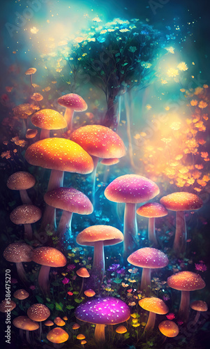 Mushrooms and flowers, midnight aura, night sky, dreamy, glowing, ultra-detailed artistic illustration, Generative AI