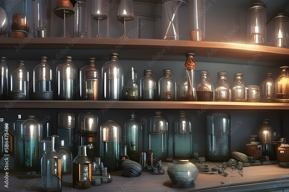 Alchemist lab. A strange and creepy cabinet of curiosities filled with lots of bottles and glass jars. CG Artwork Background. AI generated digital illustration Alchemist lab. A strange and creepy cabinet of curiosities filled with lots of bottles and glass jars. CG Artwork Background. AI generated digital illustration