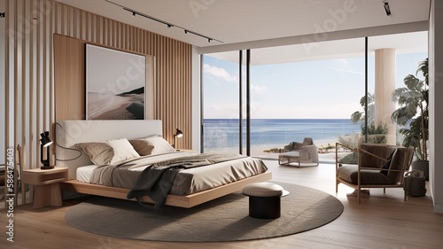 Modern bedroom interior  windows overlooking the infinity Sea. Generative AI Technology 