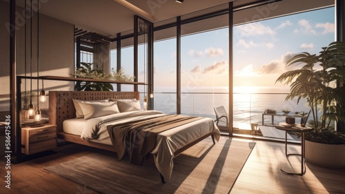 Modern bedroom interior, windows overlooking the infinity Sea. Generative AI Technology 
