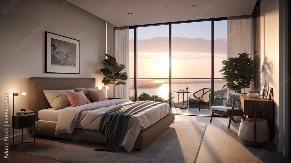 Modern bedroom interior, windows overlooking the infinity Sea. Generative AI Technology Modern bedroom interior, windows overlooking the infinity Sea. Generative AI Technology