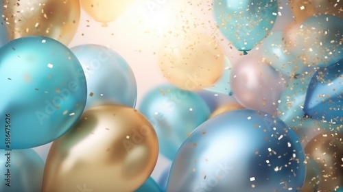 Festive background, Golden and blue balloons falling with confetti. Generative AI.