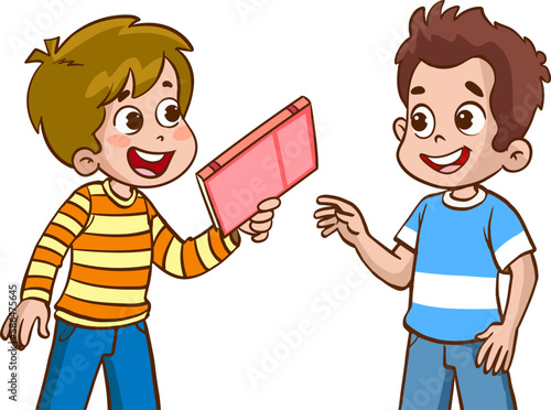 children giving book to friend vector illustration