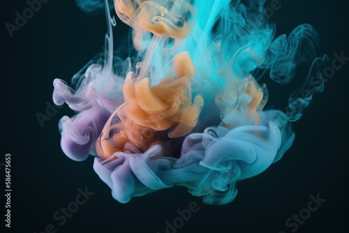 Abstract Modern black Background with graphic 3D Wave smoke, violet, Orange, and blue color, illustration generative AI.