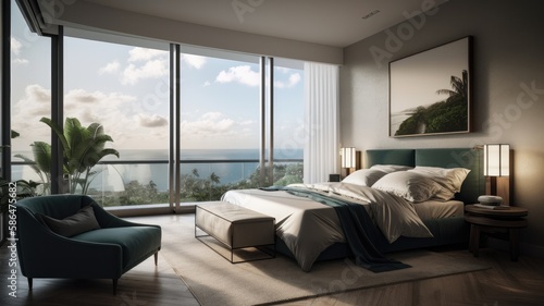 Modern bedroom interior, windows overlooking the infinity Sea. Generative AI Technology  © Dniel