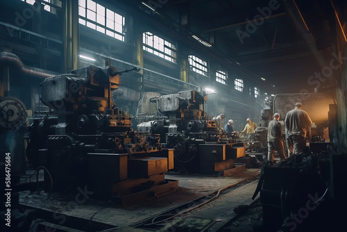 Industrial Workers. Skilled workers operating heavy machinery in a steel mill. Manufacturing and production concept. AI Generative