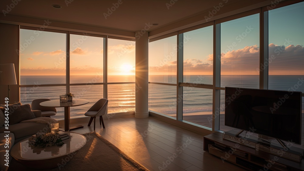 Inside a beach condo looking out into the ocean sunsetting reflective lighting. Interior. Generative AI Technology Inside a beach condo looking out into the ocean sunsetting reflective lighting. Interior. Generative AI Technology