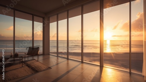 Inside a beach condo looking out into the ocean sunsetting reflective lighting. Interior. Generative AI Technology 