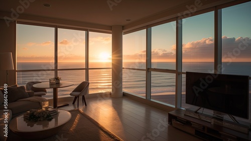 Inside a beach condo looking out into the ocean sunsetting reflective lighting. Interior. Generative AI Technology 