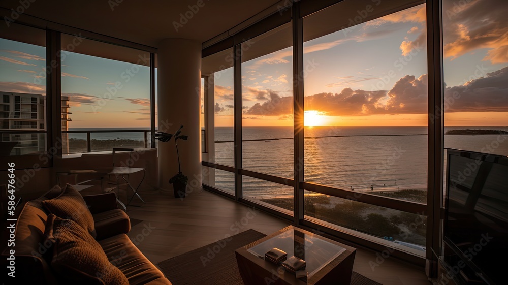 Obraz premium Inside a beach condo looking out into the ocean sunsetting reflective lighting. Interior. Generative AI Technology 