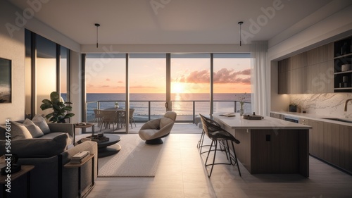 Inside a beach condo looking out into the ocean sunsetting reflective lighting. Interior. Generative AI Technology 