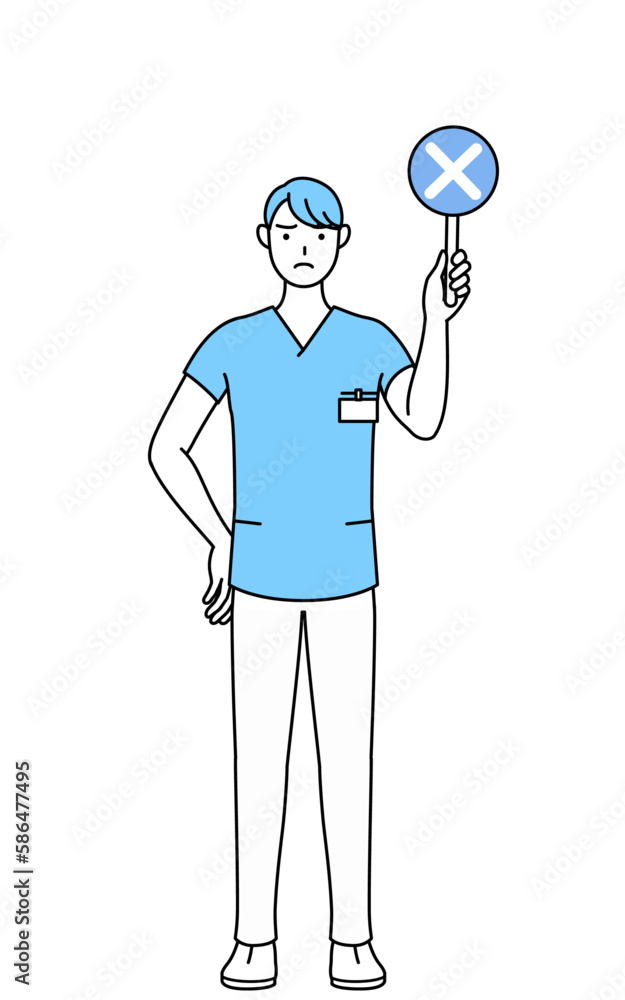 不正解を示す×の棒を持つ男性看護師、理学療法士、作業療法士、言語聴覚士、看護助手