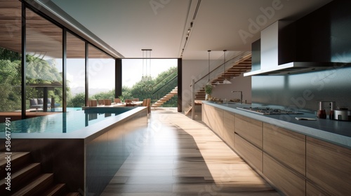 villa lagoon house open plan kitchen pantry with swimming pool on wooden deck home interior design concept, image ai generate © VERTEX SPACE