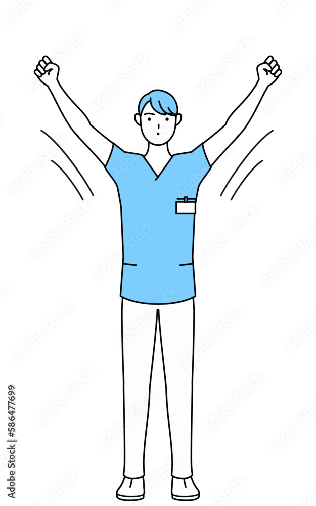 ラジオ体操をする男性看護師、理学療法士、作業療法士、言語聴覚士、看護助手