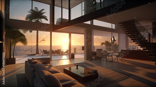 Interior of modern vacation home with ocean views Palm tress and the sun. Generative AI Technology 