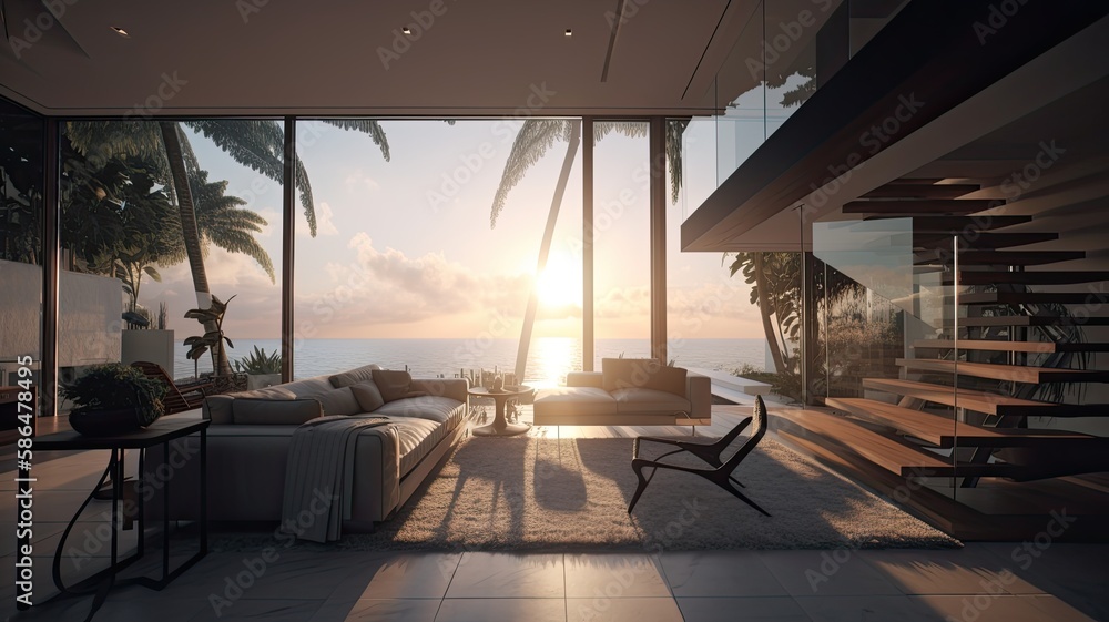 Interior of modern vacation home with ocean views Palm tress and the sun. Generative AI Technology 