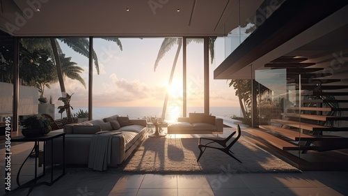 Interior of modern vacation home with ocean views Palm tress and the sun. Generative AI Technology  © Dniel