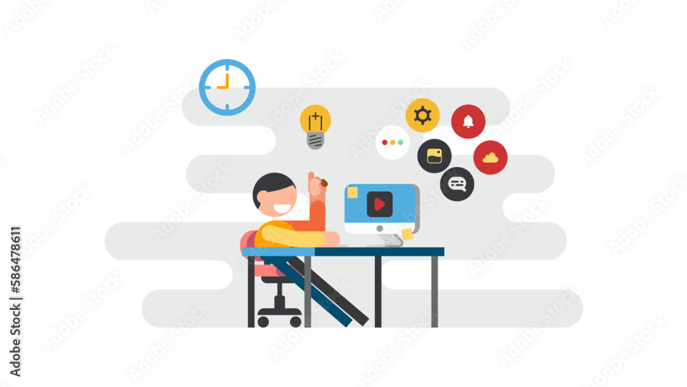 Young man or freelancer sitting on his a desk and working online with computer at home got idea Young man or freelancer sitting on his a desk and working online with computer at home got idea