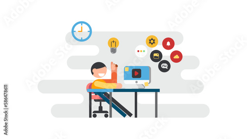 Young man or freelancer sitting on his a desk and working online with computer at home got idea