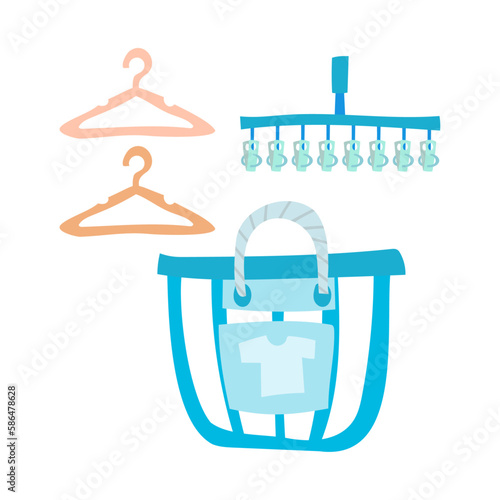 ハンガーと洗濯かご。フラットなベクターイラスト。
Hangers and a laundry basket. Flat designed vector illustration.