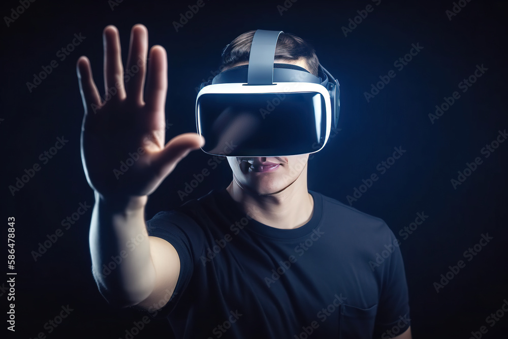 a man wearing a virtual reality headset touching the virtual object on blue tech background. Created with Generative AI Technology a man wearing a virtual reality headset touching the virtual object on blue tech background. Created with Generative AI Technology