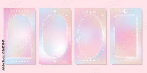 Set of fluid pastel holographic gradient background with trendy brutalism geometric shape. Modern wallpaper design template for social media story, banner, brochure, poster, flyer, presentation.