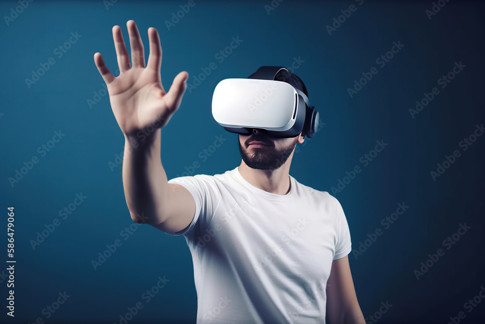 a man wearing a virtual reality headset touching the virtual object on blue tech background. Created with Generative AI Technology a man wearing a virtual reality headset touching the virtual object on blue tech background. Created with Generative AI Technology