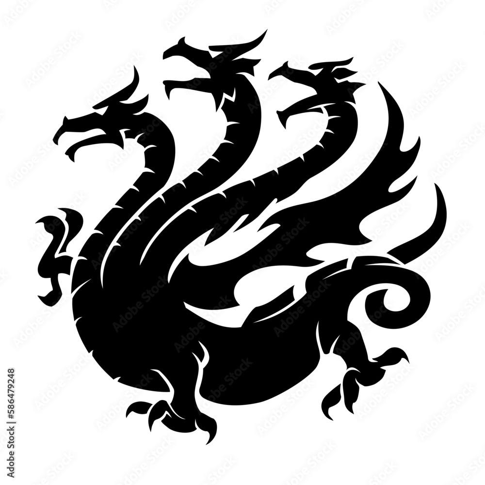 Three Headed Dragon Sigil, Silhouette Illustration Three Headed Dragon Sigil, Silhouette Illustration