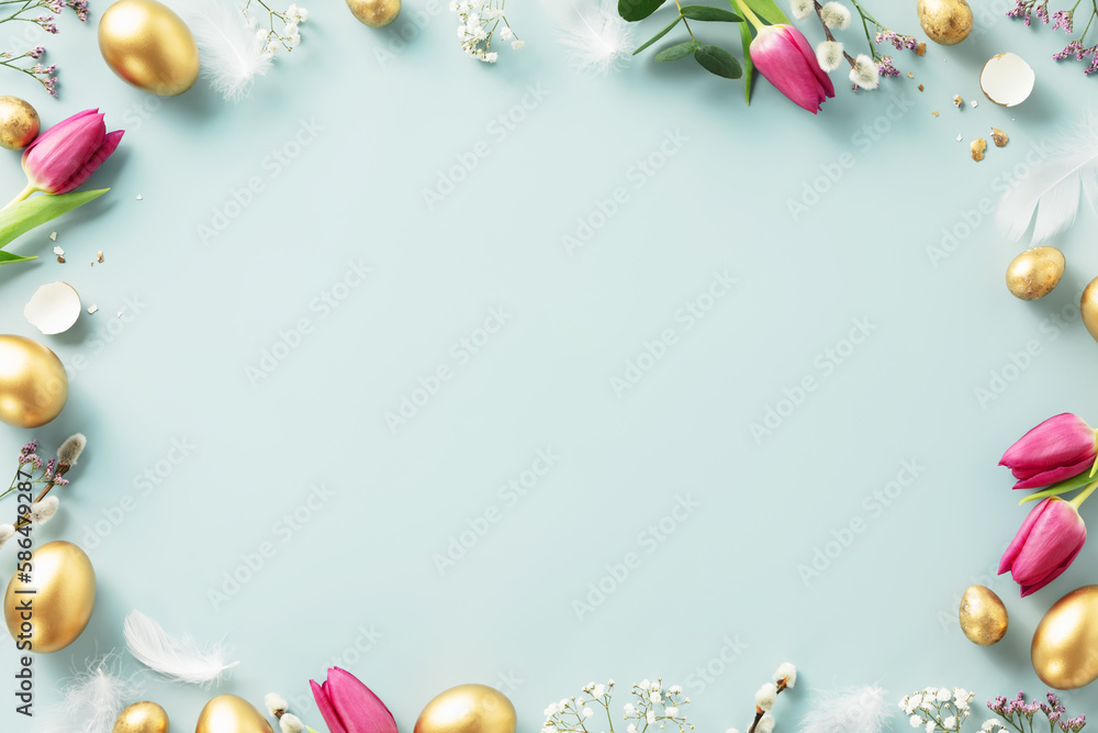 Happy Easter concept with golden easter eggs, feathers and spring flowers. Easter background with copy space. Flat lay