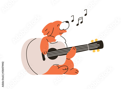 Cute dog playing guitar, performing music on string instrument. Funny doggy p...