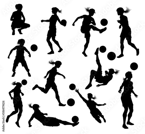 A set of female soccer football player women silhouettes