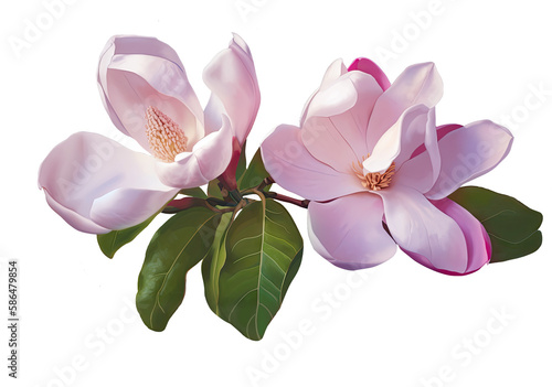 Magnolia pink bloom in spring. Branches with Large grandiflora flowers close-up view isolated background transparent png. Generative ai photo