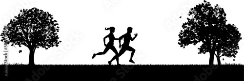 A scene of silhouette runners or joggers people in the park or other outdoor setting exercising and enjoying nature by jogging or running.