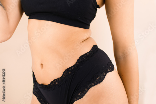 Curvy Body Fat Rolls Woman on Lingerie Natural Body Slim Figure photo