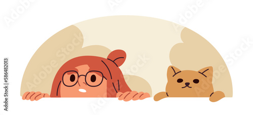 Funny woman and cute cat with peeping, peeking heads. Curious pet owner and feline animal, kitty looking up, watching, hiding behind wall. Flat vector illustration isolated on white background