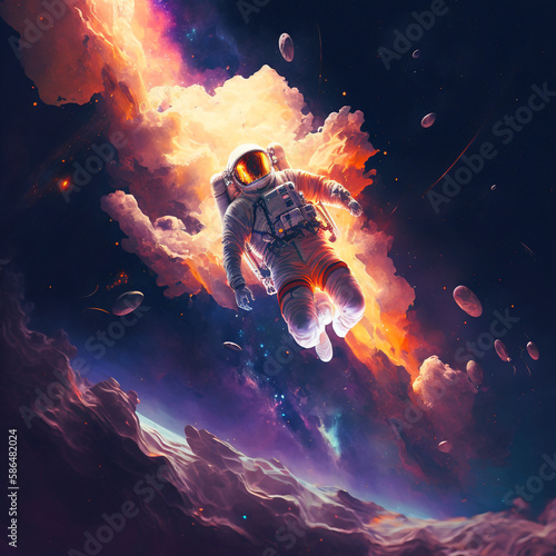 An astronaut in spacesuit floating in colorful, neon galaxy with clouds and nebula