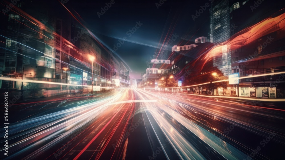 Illustration showing hyperloop speed warp with smeared lights from a megacity at night. Generative AI