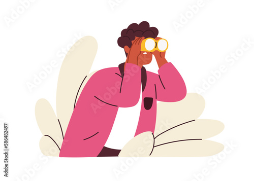 Curious person looking with binoculars. Searching job, finding opportunities, exploring, observing new goals, discovering, seeking ideas concept. Flat vector illustration isolated on white background