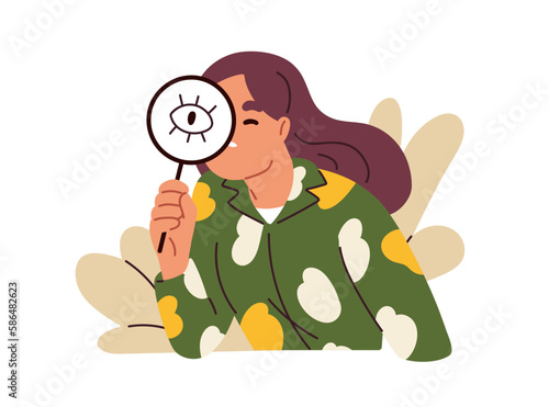 Person watching, observing with magnifier in hand. Character spying, looking with magnifying glass, lens. Search, explore, investigation concept. Flat vector illustration isolated on white background