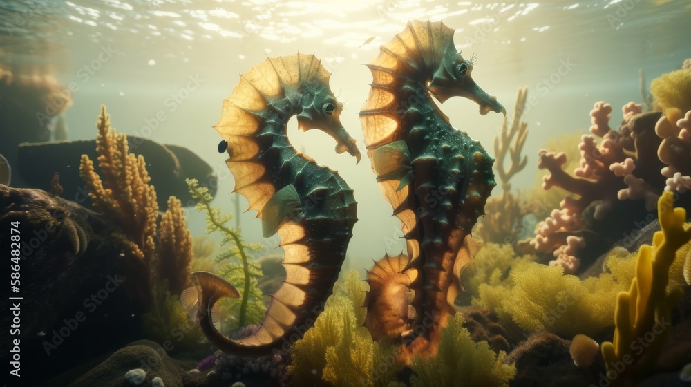 A beautiful seahorse swims in the waters. Generative AI