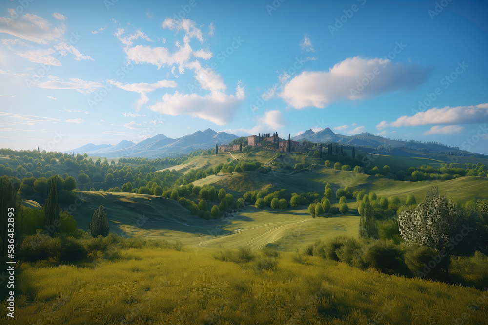 Obraz premium Italian toscana countryside, green hills, peaceful landscape. Ai generative