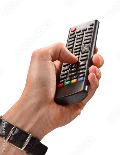 Hand hold tv remote control isolated on transparent layered background.