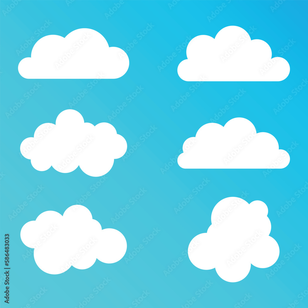 Set of six different clouds on a blue background.