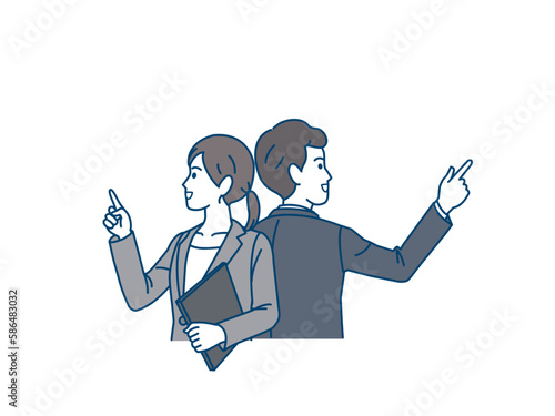 左右に指を差すスーツ姿の男女、ビジネスパーソンのイラスト